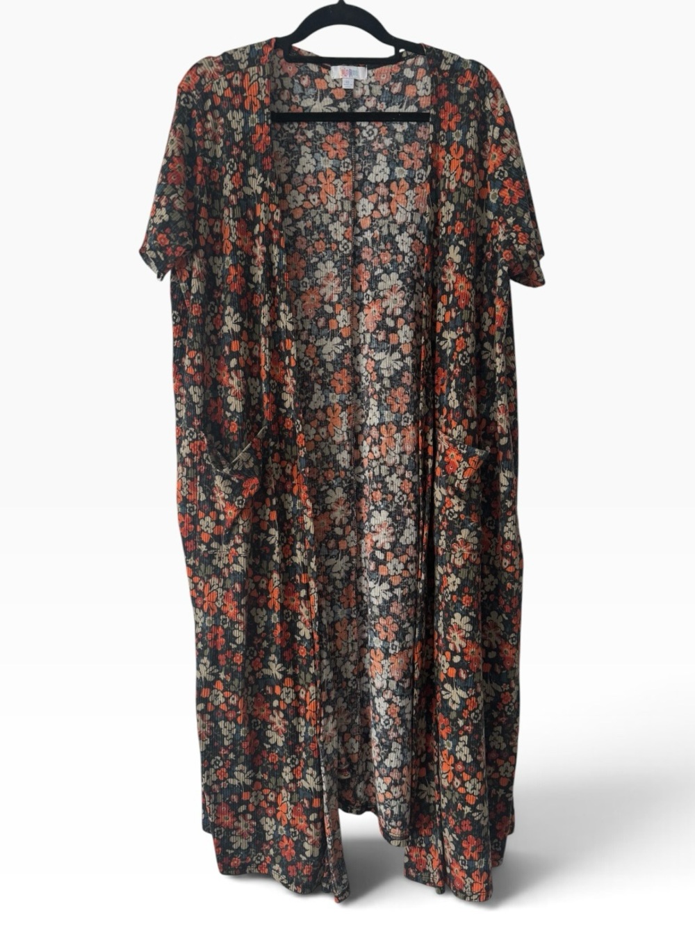 LuLaRoe Sarah Duster Cardigan XL Orange Black Floral Open Front Plisse Pleated